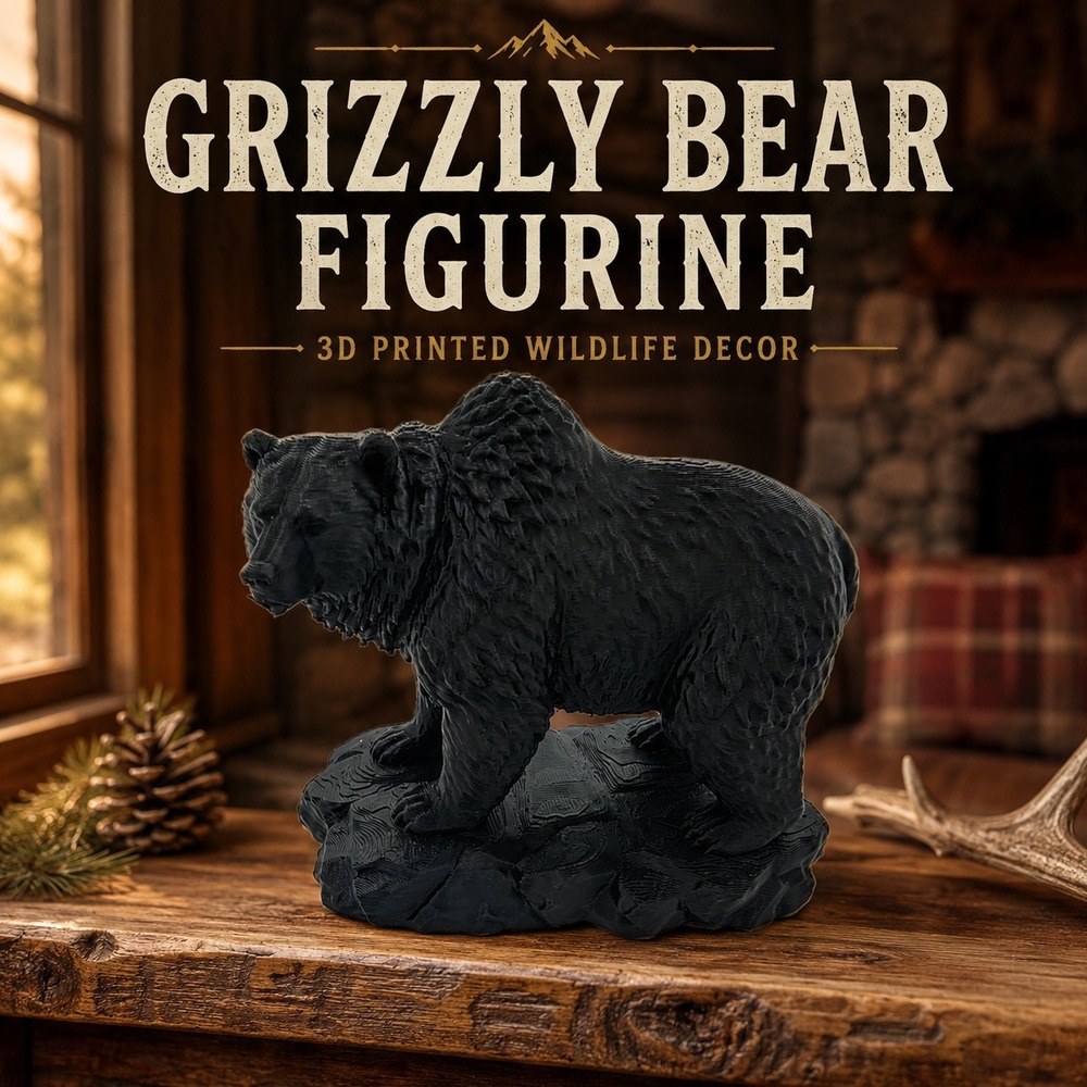 Grizzly Bear Figurine Matte Black 3D Printed Wildlife Decor 5in Rocky Base